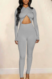 Light Blue Sexy Solid Hollowed Out Patchwork O Neck Skinny Jumpsuits