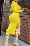 Yellow Sexy Solid Hollowed Out Split Joint Slit Zipper V Neck Long Sleeve Dresses