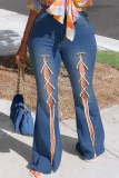 Dark Blue Fashion Casual Solid Bandage Slit High Waist Regular Denim Jeans