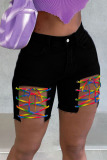 White Street Solid Hollowed Out Split Joint Frenulum Straight High Waist Straight Patchwork Plus Size Denim Shorts