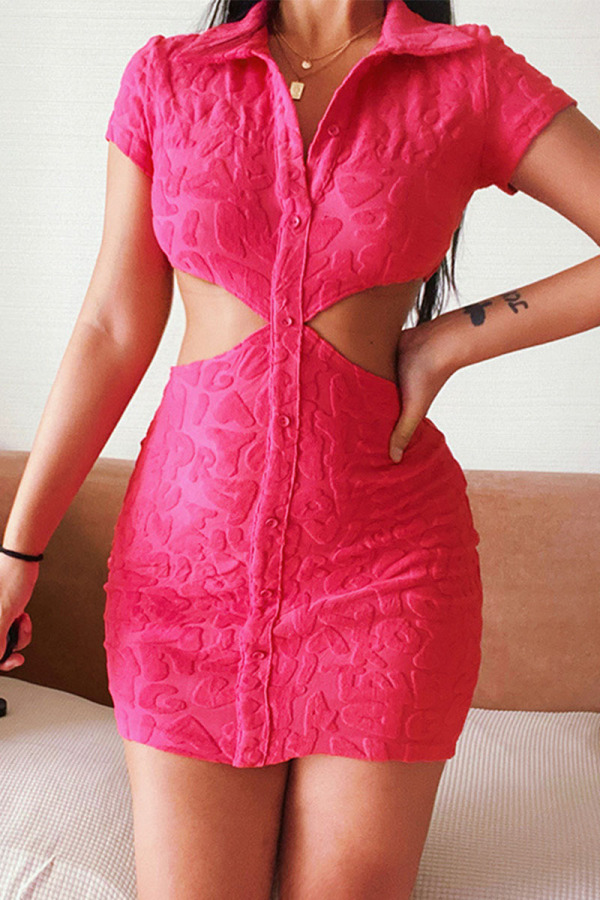 Rose Red Sexy Solid Hollowed Out Patchwork Buckle Turndown Collar Pencil Skirt Dresses