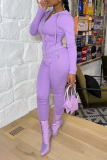 Purple Casual Solid Split Joint Hooded Collar Long Sleeve Two Pieces