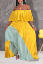 Yellow Sexy Patchwork Split Joint Off the Shoulder Cake Skirt Dresses