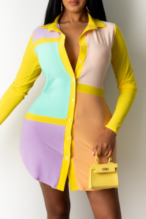 Yellow Casual Color Block Split Joint Turndown Collar Shirt Dress Dresses
