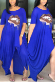 Blue Fashion Casual Regular Sleeve Short Sleeve O Neck Printed Dress Floor Length Lips Printed Dresses