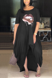 Black Fashion Casual Regular Sleeve Short Sleeve O Neck Printed Dress Floor Length Lips Printed Dresses