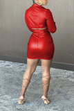 Rose Red Sexy Solid Split Joint Turndown Collar Long Sleeve Two Pieces