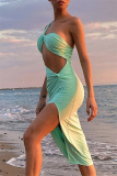 Light Green Fashion Sexy Solid Hollowed Out Backless One Shoulder Sleeveless Dress
