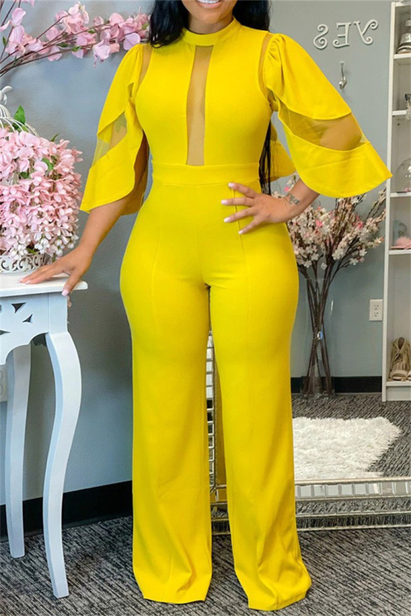 Yellow Fashion Casual Solid Patchwork See-through Half A Turtleneck Regular Jumpsuits