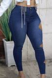 Medium Blue Sexy Solid Ripped Plus Size