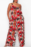 Red Sexy Print Tie-dye Without Belt Asymmetrical One Shoulder Loose Jumpsuits