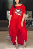 Red Fashion Casual Regular Sleeve Short Sleeve O Neck Printed Dress Floor Length Lips Printed Dresses