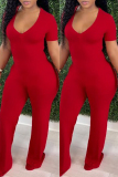 Red Fashion Casual Solid Basic V Neck Skinny Jumpsuits