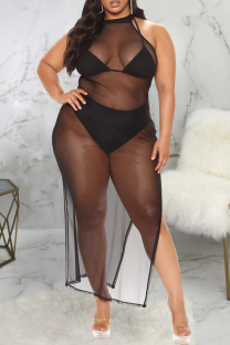 Black Sexy Solid Split Joint Mesh Swimwears Cover Up