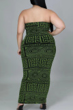 Green Sexy Print Split Joint Strapless Pencil Skirt Plus Size Dresses