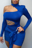 Blue Sexy Solid Bandage Hollowed Out Patchwork Asymmetrical O Neck Pencil Skirt Dresses