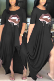 Black Fashion Casual Regular Sleeve Short Sleeve O Neck Printed Dress Floor Length Lips Printed Dresses