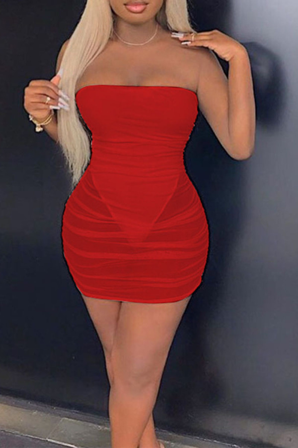 Red Sexy Solid Patchwork See-through Fold Strapless Pencil Skirt Dresses