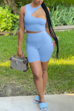 Blue Sexy Solid Hollowed Out O Neck Sleeveless Two Pieces
