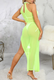 Fluorescent Green Sexy Solid Split Joint Mesh Swimwears Cover Up