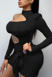 Black Sexy Solid Bandage Hollowed Out Patchwork Asymmetrical O Neck Pencil Skirt Dresses