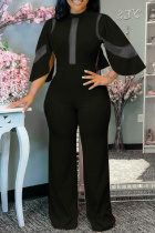 Black Fashion Casual Solid Patchwork See-through Half A Turtleneck Regular Jumpsuits