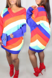 Multicolor Fashion Casual Striped Print Split Joint V Neck Long Sleeve Dresses