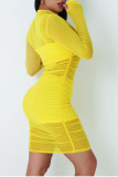 Yellow Sexy Solid Patchwork See-through Fold O Neck Long Sleeve Three Pieces
