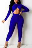 Blue Sexy Solid Hollowed Out Patchwork O Neck Skinny Jumpsuits