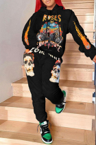 Orange Fashion Casual Print Skull Hooded Collar Long Sleeve Two Pieces