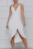 White Elegant Solid Split Joint Fold Asymmetrical Spaghetti Strap Sling Dress Dresses