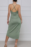 Green Elegant Solid Split Joint Fold Asymmetrical Spaghetti Strap Sling Dress Dresses