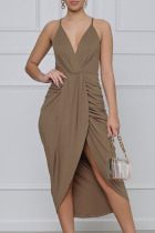 Brown Elegant Solid Split Joint Fold Asymmetrical Spaghetti Strap Sling Dress Dresses