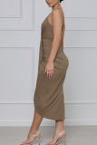 Brown Elegant Solid Split Joint Fold Asymmetrical Spaghetti Strap Sling Dress Dresses