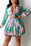 Pink Sweet Print Patchwork Turndown Collar Long Sleeve Two Pieces