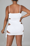 White Sexy Solid Ripped Hollowed Out Patchwork Spaghetti Strap Sling Dress Dresses