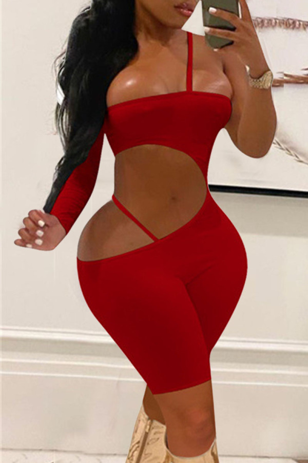 Red Sexy Solid Hollowed Out Patchwork Strapless Skinny Jumpsuits