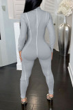 Grey Casual Sportswear Solid Split Joint Zipper Collar Skinny Jumpsuits
