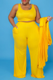 Yellow Casual Solid Patchwork U Neck Plus Size Two Pieces