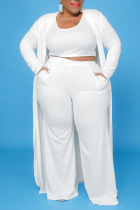 White Casual Solid Patchwork U Neck Plus Size Two Pieces