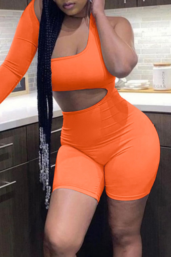 Orange Fashion Sexy Solid Hollowed Out Asymmetrical One Shoulder Skinny Romper