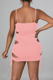 Pink Sexy Solid Ripped Hollowed Out Patchwork Spaghetti Strap Sling Dress Dresses