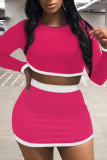 Deep Pink Casual Solid Split Joint O Neck Long Sleeve Two Pieces