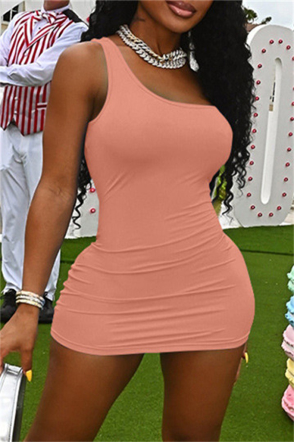 Pink Sexy Casual Solid Backless One Shoulder Sleeveless Dress