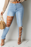 Deep Blue Fashion Casual Solid Bandage Hollowed Out High Waist Skinny Jeans