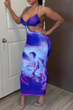 Purple Sexy Print Hollowed Out Spaghetti Strap Pencil Skirt Dresses