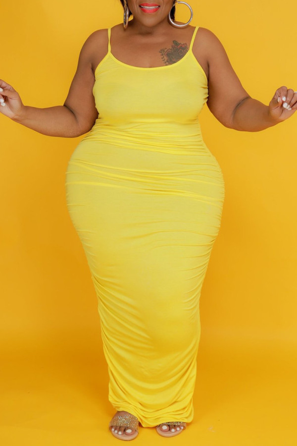 Yellow Fashion Sexy Solid Backless Spaghetti Strap Long Dress Plus Size Dresses