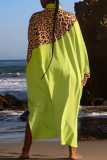 Green Casual Leopard Patchwork Turndown Collar Shirt Dress Dresses