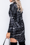 Black Casual Letter Print Patchwork Buckle Turndown Collar Tops