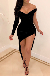 Black Sexy Solid Split Joint Off the Shoulder Irregular Dress Dresses